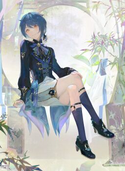 Rule 34 | 1boy, arm support, black shoes, black socks, blue hair, closed mouth, commentary, crossed legs, english commentary, fae (faereiyon), full body, genshin impact, girly boy, hand on own knee, high heels, highres, invisible chair, kneehighs, legwear garter, male focus, official alternate costume, shoes, short hair, shorts, sitting, socks, solo, white shorts, xingqiu (bamboo rain) (genshin impact), xingqiu (genshin impact), yellow eyes