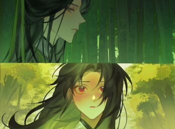 2boys absurdres bamboo bamboo_forest bishounen black_hair blush chinese_clothes closed_mouth curtained_hair day floating_hair fluffy_hair forest furrowed_brow green_eyes green_hanfu half_updo hanfu high_collar highres long_hair luo_binghe male_focus messy_hair multiple_boys nature nervous nose_blush open_mouth outdoors parted_bangs profile raised_eyebrows red_eyes renzha_fanpai_zijiu_xitong shen_qingqiu split_screen squid_0930 sweat tree wide-eyed