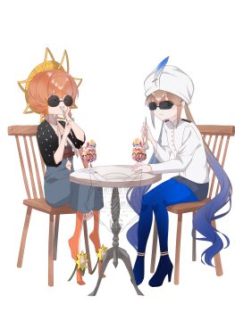 Rule 34 | 1boy, 1girl, androgynous, black shorts, blonde hair, blue hair, blue leggings, blue overalls, blue pantyhose, blush, braid, breasts, brown hair, captain nemo (fate), captain nemo (first ascension) (fate), chair, closed eyes, commentary request, crown braid, fate/grand order, fate (series), flower, food, gradient hair, green eyes, hat, hat feather, high heels, highres, holding, holding spoon, ice cream, jacket, leggings, long hair, long sleeves, looking at viewer, military uniform, multicolored hair, naval uniform, nemo (fate), overalls, pantyhose, puffy sleeves, round eyewear, shorts, side braid, simple background, sitting, small breasts, smile, spoon, sunflower, sunglasses, table, tanutika, turban, twintails, van gogh (fate), van gogh (first ascension) (fate), very long hair, white background, white turban