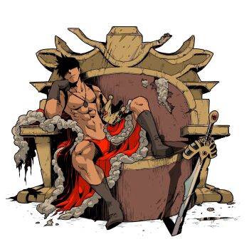 Rule 34 | 1boy, abs, black hair, boots, brown boots, brown sky, cloak, crown, d d work, dragon quest, dragon quest builders, erdrick's sword, full body, fur-trimmed cloak, fur trim, gem, head on hand, hero (dq1), highres, jewelry, male focus, male underwear, muscular, muscular male, pendant, planted, planted sword, planted weapon, red cloak, red gemstone, red male underwear, shaded face, sitting, solo, sword, throne, topless male, underwear, weapon, white background