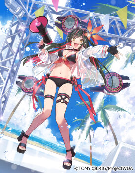 1girl beach bikini black_bikini black_gloves black_sandals blue_sky breasts brown_hair cleavage cloud colored_inner_hair eyewear_on_head fingerless_gloves gloves highres holding holding_megaphone jacket looking_at_viewer medium_breasts megaphone multicolored_hair o-ring o-ring_thigh_strap official_art open_mouth outdoors red_hair sand sandals see-through_clothes see-through_jacket sky solo sunglasses swimsuit thigh_strap water white_jacket wixoss yuko_(uc_yuk) yuzuki_(wixoss)