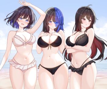 3girls :t ahoge alternate_breast_size_(larger) alternate_costume arm_up arms_under_breasts beach bikini bikini_skirt black_bikini black_hair blue_eyes blue_sky blush breast_suppress breasts cleavage closed_mouth collarbone colored_inner_hair commentary cowboy_shot crossed_arms day english_commentary front-tie_bikini_top front-tie_top hands_on_own_chest highres honkai_(series) honkai_impact_3rd long_hair medium_breasts medium_hair multicolored_hair multiple_girls multiple_persona navel ocean open_mouth outdoors purple_hair red_eyes red_hair sage_of_the_high_tower seele_(alter_ego) seele_vollerei sky smile stomach swimsuit thighs welo white_bikini