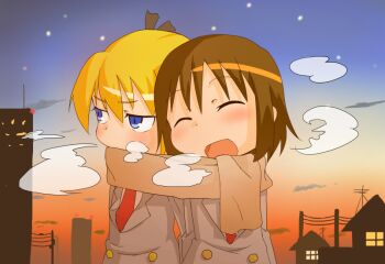 2girls bad_id bad_pixiv_id blonde_hair blue_eyes blush brown_hair cold kill_me_baby long_hair monoiri_b multiple_girls oribe_yasuna scarf shared_clothes shared_scarf sharing short_hair sonya_(kill_me_baby) star_(sky) twintails