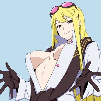 1girl ayu_(ddestiny944) black_eyes black_gloves black_scarf blonde_hair blue_background breasts cleavage closed_mouth commentary_request covered_erect_nipples digimon digimon_story:_cyber_sleuth eyeshadow eyewear_on_head gloves highres kuremi_kyouko large_breasts long_hair looking_at_viewer makeup partially_unbuttoned pink-tinted_eyewear red_eyeshadow scarf shirt simple_background smile solo standing sunglasses swept_bangs tinted_eyewear upper_body white_shirt