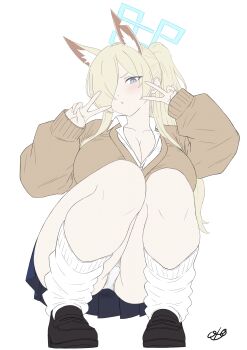 absurdres animal_ear_fluff animal_ears aqua_halo black_shoes blonde_hair blue_archive blue_skirt breasts brown_cardigan cardigan cleavage closed_mouth commentary_request crotch_seam double_v flat_color full_body grey_eyes gyaru hair_over_one_eye halo hands_up highres huge_breasts kanna_(blue_archive) kogal loafers long_bangs long_hair long_sleeves looking_at_viewer loose_socks miniskirt one_eye_covered oto_jampan panties parted_bangs pleated_skirt ponytail school_uniform shoes signature simple_background skirt sleeves_past_wrists socks squatting underwear unfinished v white_background white_panties white_socks