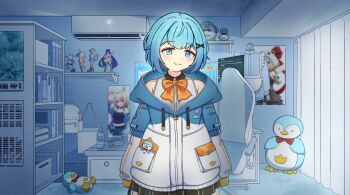 3girls air_conditioner bag bird blue_eyes blue_hair blush bottle bow chair closed_mouth commission cupboard curtains fish globie hair_ornament hairclip highres hood hoodie indoors kumanui_miel looking_at_viewer monitor multiple_girls pc penguin pippa_pebblesworth pocket rhubarb_n._kustard ribbon shirt short_hair skirt standing table virtual_youtuber water x_hair_ornament