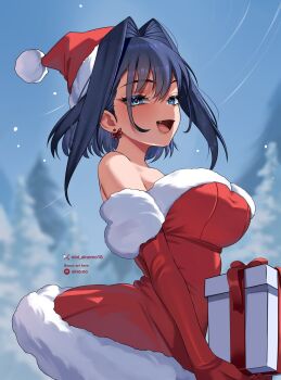 1girl bare_shoulders blue_eyes blue_hair bow bow_earrings box christmas commentary detached_sleeves dress earrings english_commentary fang gift gift_box hair_intakes hat highres hololive hololive_english jewelry looking_at_viewer oioi_ainomo ouro_kronii red_dress santa_costume santa_dress santa_hat solo virtual_youtuber