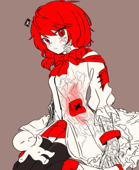 1girl arms_at_sides black_thighhighs boots bow bowtie breasts closed_mouth coat commentary_request double-parted_bangs feet_out_of_frame frilled_coat frilled_sleeves frills fukase genderswap genderswap_(mtf) gimt5n hair_between_eyes head_flag highres knee_boots kneeling looking_at_viewer low_ponytail miniskirt pleated_skirt point_(vocaloid) ponytail puffy_sleeves red_bow red_bowtie red_eyes red_hair red_skirt short_hair short_ponytail skirt small_breasts solo swept_bangs thighhighs three-quarter_sleeves vocaloid white_boots white_coat zettai_ryouiki