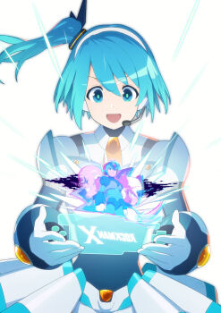 1girl 3boys android armor bald blonde_hair blue_armor blue_bow blue_eyes blue_hair blue_helmet bow breasts chest_jewel clenched_hands clenched_teeth evil_eyes evil_grin evil_smile facial_mark fang forehead_jewel glitch gloves green_eyes grin hair_bow headset helmet holding jewelry joints long_hair looking_at_another may_(nicoseiga_32709921) medium_breasts mega_man_(series) mega_man_x_(series) mega_man_x_dive microphone multiple_boys netnavi one_side_up open_mouth ponytail red_armor red_helmet rico_(mega_man) robot robot_ears robot_girl robot_joints short_hair shorts shoulder_armor side_ponytail sigma_(mega_man) simple_background smile standing teeth white_armor white_background white_gloves white_shorts x_(mega_man) zero_(mega_man)