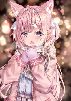 1girl absurdres animal_ear_fluff animal_ears antenna_hair commentary_request gloves hakui_koyori hakui_koyori_(school_uniform) highres hololive long_hair official_alternate_costume open_mouth outdoors pink_hair purple_eyes sigma_1221 smile solo very_long_hair virtual_youtuber white_gloves wolf_ears wolf_girl