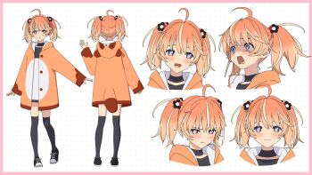 +_+ 1girl 3d ahoge animal_hood arm_at_side artist_request black_choker black_footwear black_shirt black_thighhighs blender_(medium) blonde_hair border bright_pupils cel_rendering reference_sheet choker closed_mouth dot_nose dotted_background multiple_expressions fake_tail from_behind frown full_body hand_up highres hood hood_down hoodie long_sleeves looking_at_viewer medium_hair multicolored_eyes multicolored_hair multiple_views no_pants open_clothes open_hoodie open_mouth orange_hair orange_hoodie outstretched_arm parted_lips pink_border pink_eyes portrait purple_eyes rinne_(rinrinne) rinrinne shaded_face shirt shoes simple_background sleeves_past_wrists smile sneakers split_mouth standing streaked_hair surprised tail thighhighs turnaround two-tone_footwear two-tone_shirt two_side_up v-shaped_eyebrows virtual_youtuber white_background white_footwear white_pupils white_shirt wide_sleeves