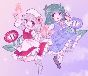 2girls alternate_color alternate_element ankle_socks apron back_ribbon black_footwear blue_skirt blue_vest chibi closed_mouth dreamysuite fire fire_flower flower frilled_skirt frills full_body green_eyes green_hair hair_flower hair_ornament highres ice ice_flower_(mario) kazami_yuuka lapel_pin letty_whiterock long_sleeves mario_(series) mary_janes medium_hair multiple_girls nintendo open_clothes open_vest pointing puffy_sleeves purple_hair red_eyes red_skirt red_vest ribbon shirt shoes skirt smile snowflake_print snowflakes socks sunflower thick_eyebrows touhou turtleneck vest waist_apron waist_ribbon white_apron white_ribbon white_shirt white_socks