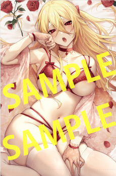 1girl :o arm_up armpits blanket blonde_hair blush bow bow_bra bow_panties bra breasts choker cleavage commentary_request crossed_bangs curvy danimaru eiyuu_fuufu_no_tsumetai_shinkon_seikatsu elise_stren flower gloves hair_between_eyes hand_on_own_face hand_on_own_thigh lace lace_bra large_breasts lingerie long_hair looking_at_viewer lying micro_panties multi-strapped_bra multi-strapped_panties navel official_art on_back on_bed panties petals raised_inner_eyebrows red_choker red_eyes red_flower red_rose rose rose_petals sample_watermark see-through_clothes see-through_gloves see-through_shirt shirt solo stomach string_panties thighhighs thighs underboob underwear watermark white_thighhighs