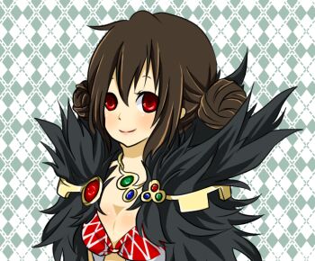 Rule 34 | 1girl, argyle background, argyle clothes, argyle dress, blush, breasts, brown hair, cleavage, closed mouth, commentary request, double bun, dress, fur collar, grey background, hair bun, looking at viewer, medium breasts, meiko (nattu303), ragnarok online, red eyes, smile, solo, sorcerer (ragnarok online), white dress