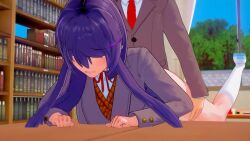 1boy 1girl 3d animated breasts brown_hair classroom cleavage doki_doki_literature_club koikatsu_(medium) lizero_mashiro pov purple_eyes purple_hair school_uniform sex socks standing tagme video wheelbarrow white_socks yuri_(doki_doki_literature_club)