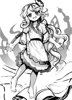 1girl :d barefoot blush_stickers clam_shell_ornament commentary_request dress frilled_dress frilled_shirt_collar frilled_sleeves frills full_body greyscale hair_ornament highres long_hair monochrome open_mouth oyster shell shell_hair_ornament smile solo suna_(s73d) touhou very_long_hair watari_nina wavy_hair