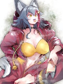 1girl alternate_breast_size_(larger) alternate_costume animal_ears barefoot black_choker black_hair bodysuit bra breasts catsuit cellphone center_opening choker commentary double-parted_bangs english_commentary feet fingernails flipped_hair full-length_zipper hair_ornament hairclip highres holding holding_phone hololive ikayaki_(ikayaki4) large_breasts lollipop_in_mouth long_hair multicolored_hair nail_polish ookami_mio open_mouth phone red_bodysuit red_hair red_nails sharp_fingernails sharp_teeth sharp_toenails sidelocks sitting smartphone solo spiked_hair steaming_body streaked_hair sweat tail teeth toenail_polish toenails underwear unzipped v-shaped_eyebrows very_long_ears very_sweaty virtual_youtuber wolf_ears wolf_girl wolf_tail yellow_bra yellow_eyes zipper