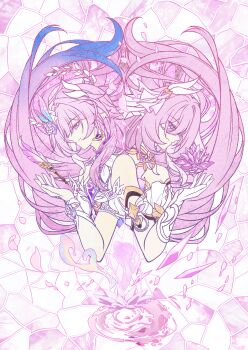 2girls absurdres aqua_hair breasts chinese_commentary commentary_request company_connection corset crystal_flower crystal_shards cyrene_(honkai:_star_rail) cyrene_(ripples_of_past_reverie)_(honkai:_star_rail) diamond-shaped_pupils diamond_(shape) dress earrings elf elysia_(herrscher_of_human:_ego)_(honkai_impact) elysia_(honkai_impact) flower gloves hair_flower hair_ornament highres honkai:_star_rail honkai_(series) honkai_impact_3rd inoue_marina jewelry long_hair medium_breasts multicolored_hair multiple_girls pink_hair pointy_ears purple_eyes quill rugu590401 smile symbol-shaped_pupils trait_connection triquetra two-tone_hair very_long_hair voice_actor_connection white_corset white_dress white_gloves white_hair yanning