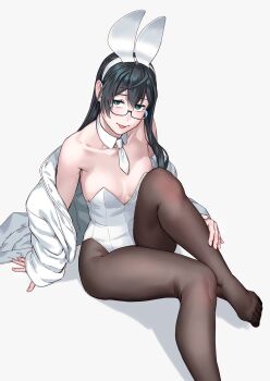 1girl :p alternate_costume animal_ears bare_shoulders black_hair blush breasts brown_pantyhose detached_collar fake_animal_ears hairband highres jacket kantai_collection leotard looking_at_viewer medium_breasts ooyodo_(kancolle) pantyhose playboy_bunny semi-rimless_eyewear sitting smile solo strapless strapless_leotard tongue tongue_out under-rim_eyewear white_hairband white_jacket yuuji_(and)