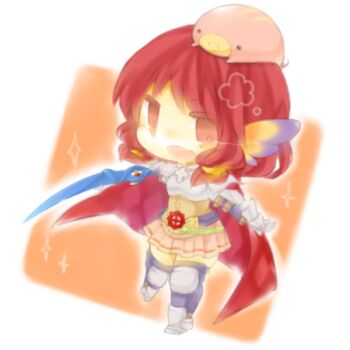 1girl animal animal_on_head armor armored_boots belt black_belt black_thighhighs boots breastplate chibi chibi_only commentary_request cross cross_of_prontera full_body head_wings holding holding_sword holding_weapon looking_at_viewer lord_knight_(ragnarok_online) medium_hair miniskirt on_head open_mouth orange_eyes orange_wings pauldrons piglet pink_skirt ragnarok_online red_hair savage_babe shoulder_armor skirt solo spiked_gauntlets sword thighhighs weapon white_background wings yasiro