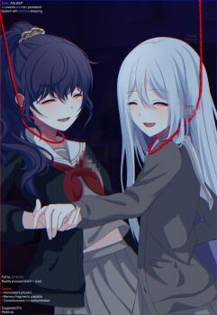 2girls ? ?? asahina_mafuyu black_cardigan cardigan censored closed_eyes english_text grey_serafuku grey_skirt hair_between_eyes high_ponytail highres holding_hands implied_suicide light_blush long_hair miyamasuzaka_girls'_academy_school_uniform miyotastic mosaic_censoring multiple_girls necktie noose open_mouth pleated_skirt ponytail project_sekai purple_hair red_necktie sailor_collar school_uniform serafuku simple_background skirt smile string string_of_fate surreal terminal white_hair white_sailor_collar yoisaki_kanade