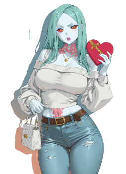 Rule 34 | 1girl, absurdres, bag, bare shoulders, belt, blue pants, blush, box, box of chocolates, breasts, brown belt, cleavage, collarbone, colored sclera, cyberpunk: edgerunners, cyberpunk (series), cyborg, denim, green eyes, green hair, grey sweater, handbag, heart, heart necklace, highres, holding, jeans, large breasts, long hair, long sleeves, looking at viewer, melowh, navel, neck tattoo, necklace, off-shoulder sweater, off shoulder, open mouth, pants, parted bangs, pink tattoo, rebecca (cyberpunk), red sclera, solo, stomach tattoo, sweater, tattoo, teeth, torn clothes, torn pants, valentine, white background