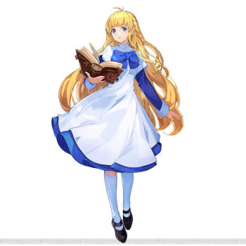 1girl aqua_eyes arm_at_side artist_request blue_bow blue_dress blue_sleeves blunt_bangs blunt_ends blush book bow braid breasts company_name dengeki dengeki_online dot_nose dress dress_shoes english_text facing_viewer full_body highres holding holding_book impasto kneehighs layered_dress layered_sleeves legs_apart light_blush long_hair long_sleeves low-braided_long_hair low-tied_long_hair mary_janes medium_breasts medium_dress nexon official_art open_book open_mouth pages second-party_source shoes short_over_long_sleeves short_sleeves simple_background sleeve_cuffs socks solo standing standing_on_one_leg tachi-e tales_weaver teeth tichiel_juspian twin_braids twintails very_long_hair white_background white_dress white_sleeves white_socks
