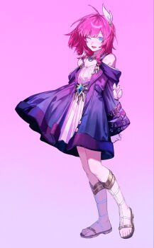 Rule 34 | 1girl, ;o, bare shoulders, blue eyes, breasts, coat, commentary request, cyrene (aedes elysiae) (honkai: star rail), cyrene (honkai: star rail), dress, full body, hair ornament, highres, honkai: star rail, honkai (series), jewelry, necklace, one eye closed, pink hair, purple coat, sandals, short hair, sig 494900, simple background, small breasts, smile, solo, toes, white dress
