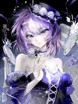 1girl bare_shoulders beads black_bow bow choker chrysanthemum ckyela closed_mouth collarbone commission detached_sleeves eyelashes fingernails flower frilled_choker frills gem grey_flower grey_rose hair_bow hair_ornament hat hat_bow hat_flower hat_ornament highres holding holding_flower key leaf lily_(flower) looking_at_viewer medium_hair mihuashi_commission off_shoulder original pearl_(gemstone) puffy_short_sleeves puffy_sleeves purple_bow purple_eyes purple_hair purple_hat rose short_sleeves sidelocks solo upper_body watermark white_choker white_flower white_lily