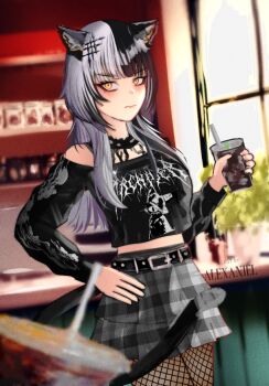 Rule 34 | 1girl, alexaniel, animal ears, artist name, belt, black belt, black hair, black shirt, cat ears, cat girl, cat tail, closed mouth, cup, disposable cup, drinking straw, grey hair, grey skirt, hand on own hip, hololive, hololive english, indoors, looking at viewer, multicolored hair, plaid clothes, plaid skirt, print shirt, shiori novella, shirt, skirt, solo, split-color hair, tail, two-tone hair, virtual youtuber, window, yellow eyes