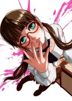 Rule 34 | 1girl, absurdres, accord, ascot, belt, belt buckle, black ascot, black boots, blunt bangs, boots, breasts, brown belt, brown hair, brown skirt, buckle, detached collar, drag-on dragoon, drag-on dragoon 3, earrings, flower earrings, from above, full body, glasses, green eyes, hand up, hashtag-only commentary, highres, jewelry, long hair, long sleeves, looking at viewer, looking up, low twintails, medium breasts, oreosan, parted lips, plaid clothes, plaid skirt, puffy long sleeves, puffy sleeves, round eyewear, semi-rimless eyewear, shirt, skirt, solo, splatter background, standing, suitcase, twintails, under-rim eyewear, white background, white shirt