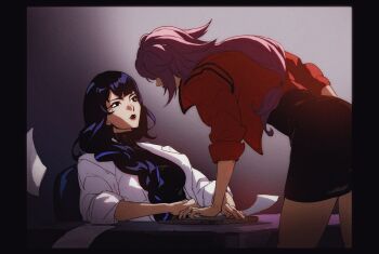 2girls aina_(mayexplode) animal_ears black_dress black_lips black_shirt blunt_bangs braid closed_mouth coat collared_jacket crossover dress from_side genshin_impact hair_over_shoulder highres jacket lab_coat leaning_back leaning_forward long_hair looking_at_another mole mole_under_eye multiple_girls neon_genesis_evangelion open_clothes open_coat paper pink_hair purple_background purple_eyes purple_hair raiden_shogun red_jacket shirt simple_background single_braid sitting sleeves_rolled_up standing thighs yae_miko yuri