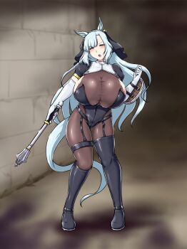 1girl alternate_breast_size_(larger) alternate_costume animal_ears arm_at_side asymmetrical_footwear bare_shoulders black_boots black_garter_straps black_gloves black_leotard blue_hair blush bodystocking boots braid breasts brown_bodystocking commentary_request covered_navel cross cross_earrings deno_(denomina0) earrings elbow_gloves flanged_mace full_body garter_straps gloves groin hand_up head_tilt highres holding holding_mace holding_weapon horse_ears horse_girl horse_tail huge_breasts jewelry leotard long_hair mace mejiro_ardan_(umamusume) nun nun_headdress open_mouth outstretched_arm parted_bangs see-through_bodystocking see-through_clothes shield shrug_(clothing) single_thigh_boot skin_tight solo standing tail thigh_boots umamusume uneven_footwear very_long_hair weapon