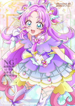 1girl :d ahoge akechi_anna back_bow blue_eyes blush bow brooch buttons capelet colorful_background commentary_request cure_answer dot_nose double-breasted double_bun dress earrings fingerless_gloves foot_out_of_frame gloves gradient_hair hair_bun hair_intakes hair_ornament hanzou heart heart_brooch heart_in_eye highres jewelry layered_dress legs_apart long_hair looking_at_viewer magical_girl meitantei_precure! multicolored_hair open_mouth parted_bangs pink_hair precure purple_bow purple_capelet purple_dress purple_gloves purple_hair purple_shoes shoes smile solo symbol_in_eye thick_eyebrows thighhighs v white_thighhighs yellow_bow