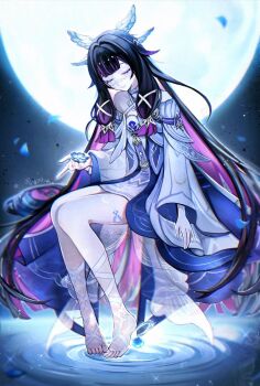 1girl bare_shoulders barefoot black_hair closed_eyes columbina_(genshin_impact) diandao_qin dress eye_mask feathered_wings feet flower full_moon genshin_impact head_wings highres liquid long_hair mask moon multicolored_hair off-shoulder_dress off_shoulder petals purple_hair ripples solo standing standing_on_liquid toes two-tone_hair very_long_hair white_dress white_wings wings
