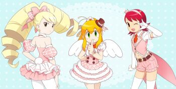 3girls angel_wings blonde_hair bow crown dress drill_hair elbow_gloves frilled_dress frills gloves green_eyes hair_bow hairband hat idol_clothes long_hair luna_platz_(mega_man) mayl_sakurai_(mega_man) mega_man_(classic) mega_man_(series) mega_man_battle_network_(series) mega_man_star_force_(series) midriff mini_crown mini_hat multiple_girls navel official_art one_eye_closed pantyhose pink_bow pink_dress pink_shorts rabbit_tail red_hair roll_(mega_man) shorts tail thighhighs third-party_source twin_drills very_long_hair white_gloves white_pantyhose white_thighhighs wings