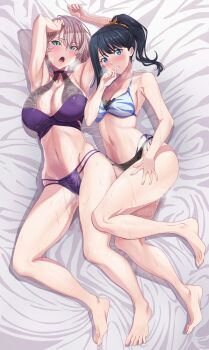 Rule 34 | 2girls, aqua eyes, armpits, arms up, barefoot, bed sheet, bikini, black bikini, black hair, blue eyes, blush, breasts, cleavage, collarbone, commentary request, feet, full body, gridman universe, highres, large breasts, layered bikini, light purple hair, long hair, looking at viewer, medium breasts, mujina, multiple girls, navel, open mouth, parted lips, ponytail, short hair, sideboob, ssss.dynazenon, ssss.gridman, stomach, swimsuit, takarada rikka, teeth, thick thighs, thighs, toes, upper teeth only, wakusei-planet, wide hips