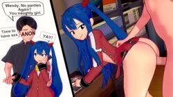 1boy 1girl 3d against_desk animated ass ass_shake bent_over blue_hair bottomless breasts brown_eyes clothed_female_nude_male doggystyle english_text fairy_tail hand_on_own_face height_difference hetero holding_hands huge_ass jiggle koikatsu_(medium) legs long_hair looking_back multiple_views naughty_face no_bra no_panties nude open_clothes open_mouth penis sex sex_from_behind sideboob skirt small_breasts smile thighs tongue twintails vaginal video wendy_marvell