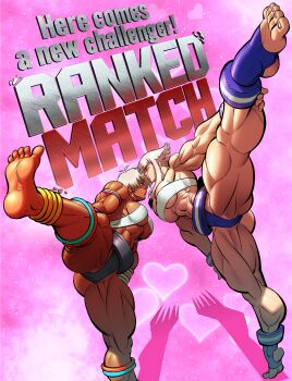 Rule 34 | 1girl, absurdres, alternate muscle size, ass, barefoot, blue eyes, breasts, elena (street fighter), eye contact, highres, large breasts, looking at another, manon legrand, muscular arms, muscular legs, pink-backed pelican (kemono friends), pink hair, short hair with long locks, smile, standing, standing on one leg, strapless, street fighter, street fighter 6, sumo, thick thighs, thighs, tilingart, toeless legwear, tube top, underboob, white background, white hair