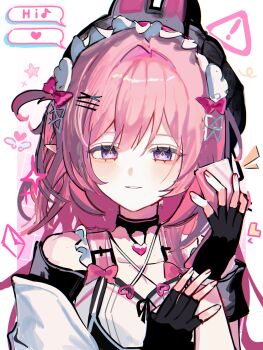 ! 1girl alternate_costume bare_shoulders black_gloves bow commentary cyrene_(honkai:_star_rail) english_text fingerless_gloves gloves hair_bow hand_up hashtag-only_commentary highres honkai:_star_rail honkai_(series) ko_(assd_009) looking_at_viewer musical_note parted_lips pink_bow pink_hair purple_eyes simple_background smile spoken_musical_note upper_body white_background