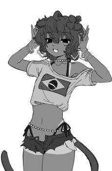 1boy :d absurdres animal_ear_fluff animal_ears arms_up baby_animal bare_shoulders brazilian_flag brazilian_miku brazilian_miku_(cosplay) character_request copyright_request cosplay denim denim_shorts dog exposed_pocket flower fuwafa hair_flower hair_ornament hatsune_miku highres monochrome non-web_source open_mouth puppy short_hair shorts smile solo standing tail thighs trap virtual_youtuber vocaloid