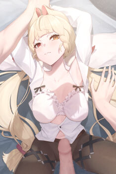 1boy 1girl absurdres alice_thymefield animal_ears black_pantyhose blonde_hair bra breasts censored commentary english_commentary gueya hetero heterochromia highres imminent_penetration large_breasts long_hair lying mosaic_censoring navel on_back open_mouth paid_reward_available pantyhose penis rabbit_ears rabbit_girl red_eyes sagging_breasts shirt torn_clothes torn_pantyhose underwear vaginal very_long_hair white_bra white_shirt yellow_eyes zenless_zone_zero