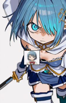 am_0410 belt blue_boots blue_eyes blue_gemstone blue_hair blue_skirt blue_sleeves blurry boots breasts breasts_apart cape clenched_hand closed_mouth collarbone commentary_request depth_of_field detached_sleeves dot_nose downblouse fortissimo frills furrowed_brow gem glaring gloves hair_ornament holding holding_sword holding_weapon juliet_sleeves leaning_forward long_sleeves looking_at_viewer magical_girl mahou_shoujo_madoka_magica mahou_shoujo_madoka_magica_(anime) miki_sayaka miki_sayaka_(magical_girl) mitakihara_school_uniform musical_note musical_note_hair_ornament one_eye_covered pleated_skirt puffy_sleeves red_ribbon ribbon sanpaku school_uniform shirt short_hair skirt soul_gem stomach_jewel strapless strapless_shirt sword thigh_belt thigh_strap thighhighs weapon white_background white_cape white_gloves white_shirt white_thighhighs