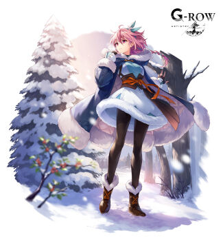 1girl aqua_dress aqua_hairband arondight_(phantom_of_the_kill) braid brown_footwear brown_pantyhose commentary_request dress fingerless_gloves forest full_body gloves hairband highres hood hood_down hooded_jacket jacket looking_to_the_side mai.e nature official_alternate_costume official_art open_mouth orange_ribbon outdoors pantyhose phantom_of_the_kill pink_eyes pink_hair ribbon second-party_source snow snow_on_tree solo standing tree two-tone_dress underbust white_background white_dress winter