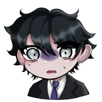Rule 34 | 1boy, black coat, black hair, chibi, chibi only, coat, collared shirt, constricted pupils, euriohh, grey eyes, highres, looking at viewer, male focus, mordret (shadow slave), necktie, partially shaded face, purple necktie, shadow slave, shirt, short hair, solo, sweatdrop, upper body, white shirt