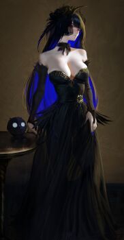 Rule 34 | absurdres, black flower, blue eyes, breasts, colored inner hair, commentary, english commentary, fingernails, flower, hair flower, hair ornament, highres, hololive, hololive english, long fingernails, long hair, mixed-language commentary, multicolored hair, nerissa ravencroft, red eyes, the antin, virtual youtuber