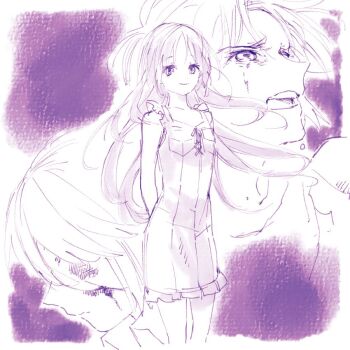 Rule 34 | 1girl, 2boys, blood, crying, dress, light smile, long hair, makabe kazuki, michi naka, minashiro soushi, minashiro tsubaki, monochrome, multiple boys, open mouth, short hair, sleeveless, sleeveless dress, soukyuu no fafner