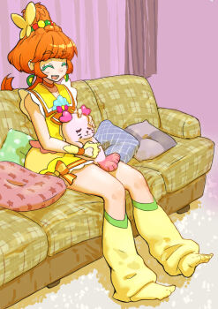1girl blush butterfly_hair_ornament closed_eyes colored_eyelashes commentary_request couch cure_papaya curtains earrings ei_(eikun) fingerless_gloves frilled_sailor_collar frills fruit_earrings gloves hair_bun hair_ornament highres ichinose_minori jewelry kururun_(precure) lap_pillow leg_warmers long_hair no_shoes on_couch open_mouth orange_hair pillow precure sailor_collar seal_(animal) tropical-rouge!_precure yellow_gloves yellow_leg_warmers yellow_sailor_collar