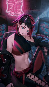 1girl anklet black_footwear black_hair black_jacket black_pants black_sports_bra blue_eyes breasts brick_wall chain chair commentary_request cross-laced_pants demon_girl demon_horns ear_chain ear_piercing earrings ekao foot_out_of_frame groin highres horns jacket jewelry large_breasts linked_piercing long_sleeves looking_at_viewer midriff multicolored_hair nanashi_inc. navel neon_lights off_shoulder official_art open_clothes open_jacket open_mouth pants piercing pointy_ears red_hair red_pants red_sports_bra ryugasaki_rene ryugasaki_rene_(1st_costume) sitting smile solo spiked_anklet sports_bra static stud_earrings sugar_lyric television two-tone_hair underboob virtual_youtuber window zipper