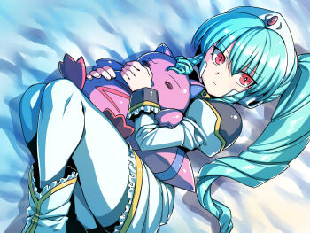 1girl aqua_hair female_focus galaxy_angel hat holding holding_stuffed_toy long_hair looking_at_viewer lying on_back pantyhose red_eyes solo stuffed_animal stuffed_toy tukiwani vanilla_h white_hat white_pantyhose